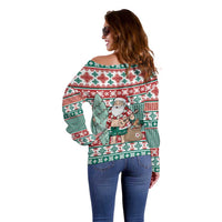 Hawaiian Funny Santa Surf Off Shoulder Sweater Mele Kalikimaka Palaka Quilt Pattern - Polynesian Pride