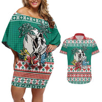 Hawaiian Skull Surfs Couples Matching Off Shoulder Short Dress and Hawaiian Shirt Mele Kalikimaka Palaka Quilt Pattern - Polynesian Pride