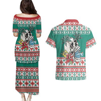 Hawaiian Skull Surfs Couples Matching Puletasi and Hawaiian Shirt Mele Kalikimaka Palaka Quilt Pattern - Polynesian Pride