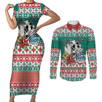 Hawaiian Skull Surfs Couples Matching Short Sleeve Bodycon Dress and Long Sleeve Button Shirt Mele Kalikimaka Palaka Quilt Pattern - Polynesian Pride