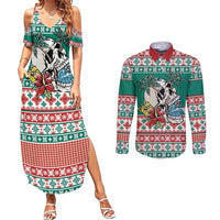 Hawaiian Skull Surfs Couples Matching Summer Maxi Dress and Long Sleeve Button Shirt Mele Kalikimaka Palaka Quilt Pattern - Polynesian Pride
