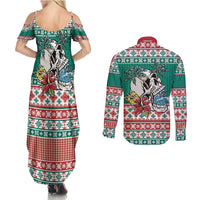 Hawaiian Skull Surfs Couples Matching Summer Maxi Dress and Long Sleeve Button Shirt Mele Kalikimaka Palaka Quilt Pattern - Polynesian Pride