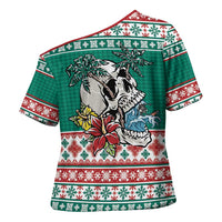 Hawaiian Skull Surfs Cross Shoulder Shirt Mele Kalikimaka Palaka Quilt Pattern - Polynesian Pride