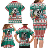 Hawaiian Skull Surfs Family Matching Long Sleeve Bodycon Dress and Hawaiian Shirt Mele Kalikimaka Palaka Quilt Pattern - Polynesian Pride