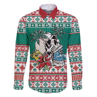 Hawaiian Skull Surfs Family Matching Off The Shoulder Long Sleeve Dress and Hawaiian Shirt Mele Kalikimaka Palaka Quilt Pattern LT9 Dad's Shirt - Long Sleeve Green - Polynesian Pride