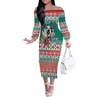 Hawaiian Skull Surfs Family Matching Off The Shoulder Long Sleeve Dress and Hawaiian Shirt Mele Kalikimaka Palaka Quilt Pattern LT9 Green - Polynesian Pride