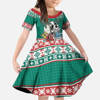 Hawaiian Skull Surfs Family Matching Off Shoulder Maxi Dress and Hawaiian Shirt Mele Kalikimaka Palaka Quilt Pattern LT9 Daughter's Dress Green - Polynesian Pride