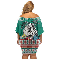 Hawaiian Skull Surfs Family Matching Off Shoulder Short Dress and Hawaiian Shirt Mele Kalikimaka Palaka Quilt Pattern - Polynesian Pride