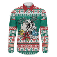 Hawaiian Skull Surfs Family Matching Short Sleeve Bodycon Dress and Hawaiian Shirt Mele Kalikimaka Palaka Quilt Pattern LT9 Dad's Shirt - Long Sleeve Green - Polynesian Pride