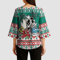 Hawaiian Skull Surfs Kimono Sleeve Blouse Mele Kalikimaka Palaka Quilt Pattern - Polynesian Pride