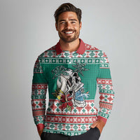 Hawaiian Skull Surfs Long Sleeve Polo Shirt Mele Kalikimaka Palaka Quilt Pattern - Polynesian Pride