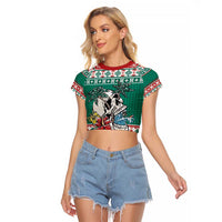 Hawaiian Skull Surfs Raglan Cropped T Shirt Mele Kalikimaka Palaka Quilt Pattern - Polynesian Pride