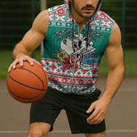 Hawaiian Skull Surfs Sleeveless Zip Hoodie Mele Kalikimaka Palaka Quilt Pattern - Polynesian Pride