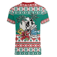 Hawaiian Skull Surfs Women V-Neck T-Shirt Mele Kalikimaka Palaka Quilt Pattern - Polynesian Pride