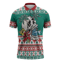 Hawaiian Skull Surfs Zipper Polo Shirt Mele Kalikimaka Palaka Quilt Pattern - Polynesian Pride