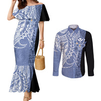 Aloha Vintage Hawaii Tribal Couples Matching Mermaid Dress and Long Sleeve Button Shirt Blue Style LT9 Blue - Polynesian Pride