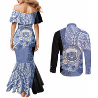 Aloha Vintage Hawaii Tribal Couples Matching Mermaid Dress and Long Sleeve Button Shirt Blue Style LT9 - Polynesian Pride