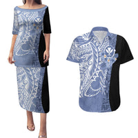 Aloha Vintage Hawaii Tribal Couples Matching Puletasi Dress and Hawaiian Shirt Blue Style LT9 Blue - Polynesian Pride