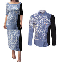 Aloha Vintage Hawaii Tribal Couples Matching Puletasi Dress and Long Sleeve Button Shirt Blue Style LT9 Blue - Polynesian Pride