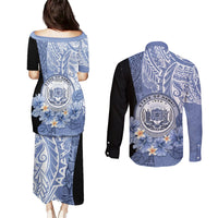 Aloha Vintage Hawaii Tribal Couples Matching Puletasi Dress and Long Sleeve Button Shirt Blue Style LT9 - Polynesian Pride