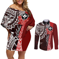 Aloha Vintage Hawaii Tribal Couples Matching Off Shoulder Short Dress and Long Sleeve Button Shirt Red Style LT9 Red - Polynesian Pride
