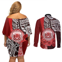 Aloha Vintage Hawaii Tribal Couples Matching Off Shoulder Short Dress and Long Sleeve Button Shirt Red Style LT9 - Polynesian Pride