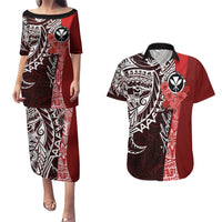 Aloha Vintage Hawaii Tribal Couples Matching Puletasi Dress and Hawaiian Shirt Red Style LT9 Red - Polynesian Pride