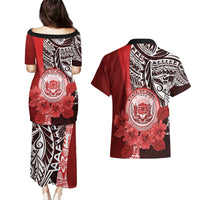 Aloha Vintage Hawaii Tribal Couples Matching Puletasi Dress and Hawaiian Shirt Red Style LT9 - Polynesian Pride