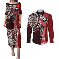 Aloha Vintage Hawaii Tribal Couples Matching Puletasi Dress and Long Sleeve Button Shirt Red Style LT9 Red - Polynesian Pride