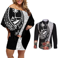 Hafa Adai Guam Couples Matching Off Shoulder Short Dress and Long Sleeve Button Shirt Tropical Flowers with Polynesian Pattern LT9 Black - Polynesian Pride