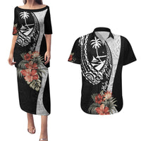 Hafa Adai Guam Couples Matching Puletasi Dress and Hawaiian Shirt Tropical Flowers with Polynesian Pattern LT9 Black - Polynesian Pride