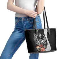 Hafa Adai Guam Leather Tote Bag Tropical Flowers with Polynesian Pattern LT9 - Polynesian Pride