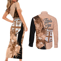 Bula Fiji Vintage Fijian Masi Pattern Couples Matching Short Sleeve Bodycon Dress and Long Sleeve Button Shirt Peach Fuzz Unique LT9 - Polynesian Pride