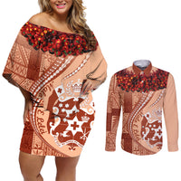 Vintage Tonga Kahoa Heilala Flower Couples Matching Off Shoulder Short Dress and Long Sleeve Button Shirt LT9 Peach Fuzz - Polynesian Pride