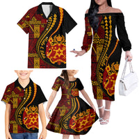 Vintage Tonga Malo E Lelei Ngatu Pattern Family Matching Off Shoulder Long Sleeve Dress and Hawaiian Shirt LT9 - Polynesian Pride