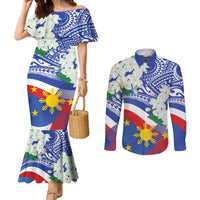 Philippines Flag Couples Matching Mermaid Dress and Long Sleeve Button Shirt Sampaguita Jasmine with Polynesian Tribal