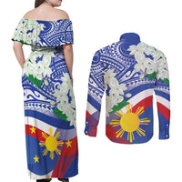 Philippines Flag Couples Matching Off Shoulder Maxi Dress and Long Sleeve Button Shirt Sampaguita Jasmine with Polynesian Tribal