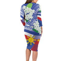 Philippines Flag Long Sleeve Bodycon Dress Sampaguita Jasmine with Polynesian Tribal