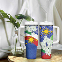 Philippines Flag Tumbler With Handle Sampaguita Jasmine with Polynesian Tribal LT9