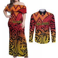 New Zealand Rangatira Custom Couples Matching Off Shoulder Maxi Dress and Long Sleeve Button Shirt Red and Gold Niho Taniwha Maori Tribal LT9 Gold - Polynesian Pride