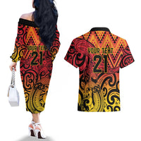 New Zealand Rangatira Custom Couples Matching Off The Shoulder Long Sleeve Dress and Hawaiian Shirt Red and Gold Niho Taniwha Maori Tribal LT9 - Polynesian Pride