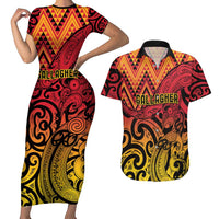 New Zealand Rangatira Custom Couples Matching Short Sleeve Bodycon Dress and Hawaiian Shirt Red and Gold Niho Taniwha Maori Tribal LT9 Gold - Polynesian Pride