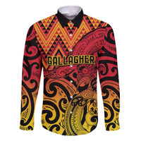 New Zealand Rangatira Custom Family Matching Mermaid Dress and Hawaiian Shirt Red and Gold Niho Taniwha Maori Tribal LT9 Dad's Shirt - Long Sleeve Gold - Polynesian Pride