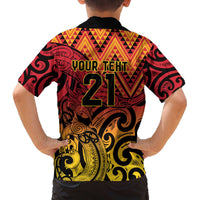 New Zealand Rangatira Custom Family Matching Off The Shoulder Long Sleeve Dress and Hawaiian Shirt Red and Gold Niho Taniwha Maori Tribal LT9 - Polynesian Pride