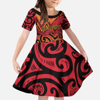New Zealand Rangatira Custom Family Matching Off The Shoulder Long Sleeve Dress and Hawaiian Shirt Red and Gold Niho Taniwha Maori Tribal LT9 Daughter's Dress Gold - Polynesian Pride