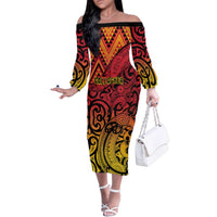 New Zealand Rangatira Custom Family Matching Off The Shoulder Long Sleeve Dress and Hawaiian Shirt Red and Gold Niho Taniwha Maori Tribal LT9 Mom's Dress Gold - Polynesian Pride