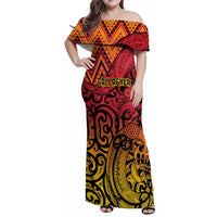 New Zealand Rangatira Custom Family Matching Off Shoulder Maxi Dress and Hawaiian Shirt Red and Gold Niho Taniwha Maori Tribal LT9 Mom's Dress Gold - Polynesian Pride