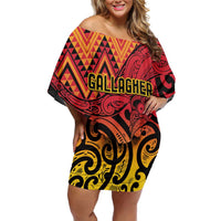 New Zealand Rangatira Custom Family Matching Off Shoulder Short Dress and Hawaiian Shirt Red and Gold Niho Taniwha Maori Tribal LT9 Mom's Dress Gold - Polynesian Pride