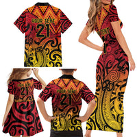 New Zealand Rangatira Custom Family Matching Short Sleeve Bodycon Dress and Hawaiian Shirt Red and Gold Niho Taniwha Maori Tribal LT9 - Polynesian Pride