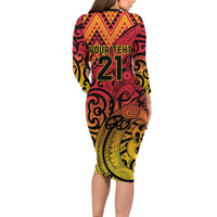 New Zealand Rangatira Custom Long Sleeve Bodycon Dress Red and Gold Niho Taniwha Maori Tribal